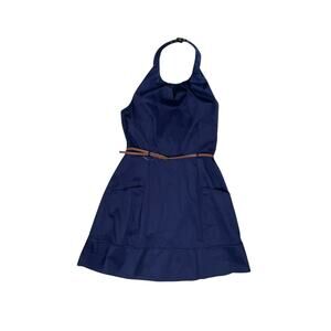 NWT Calvin Klein Blue Belted Halter Dress Size 14 Large Adjustable Neck Pockets